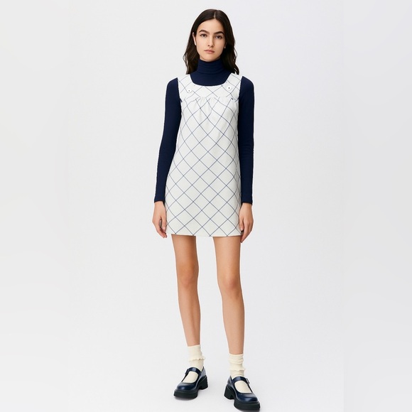 Anthropologie Maeve Off White & Blue Grid Mini Pinafore School Girl Dress Sz 4 - Picture 10 of 13